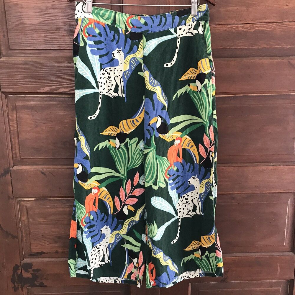 Christian Siriano Green Jungle Tropical Wide Leg Pull On Pants cropped linen L